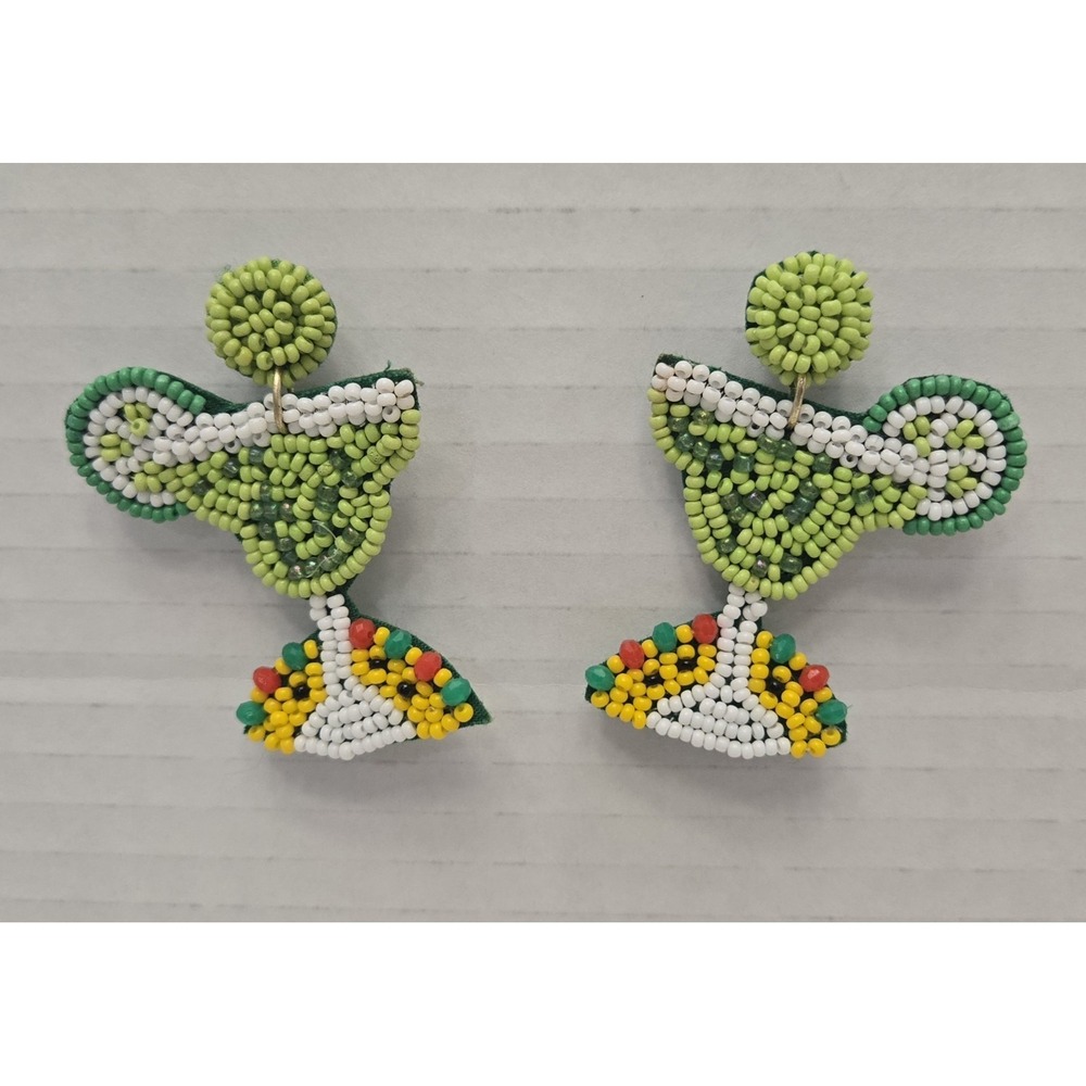 Large Green Margarita Statement Pierced Earrings Beaded Sequin Fiesta Fun‎ 2"